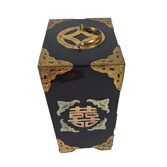 Vintage Asian Lacquer Jewelry Box Chest Brass Mother-of-Pearl Birds Flowers - Picture 6 of 15